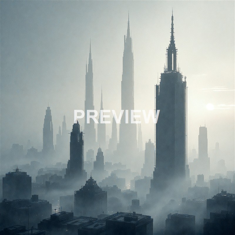 A city skyline shrouded in fog with numerous skyscrapers, including a prominent tall building in the foreground and others fading into the mist in the background, with the sun partially visible on the right side.